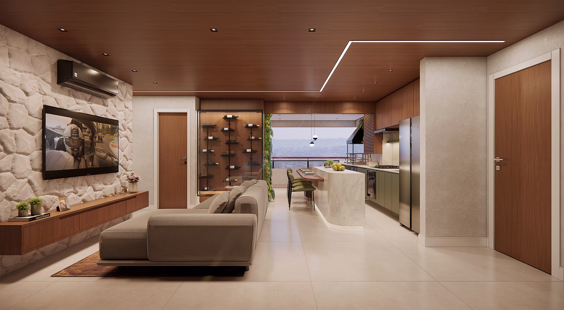 Perspectiva ilustrada do living do apto. de 71m²