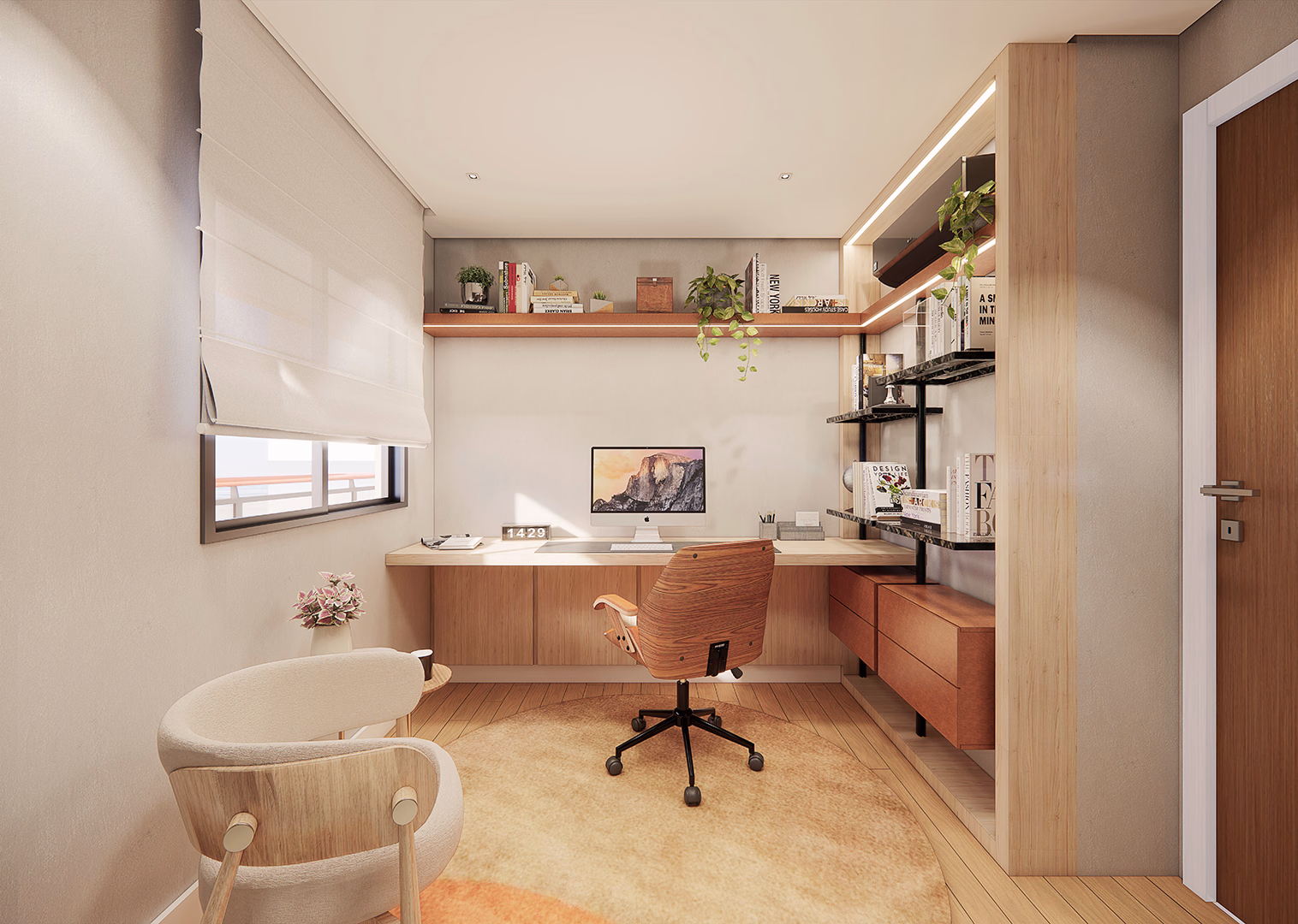 Perspectiva ilustrada do home office do apto. de 71m²