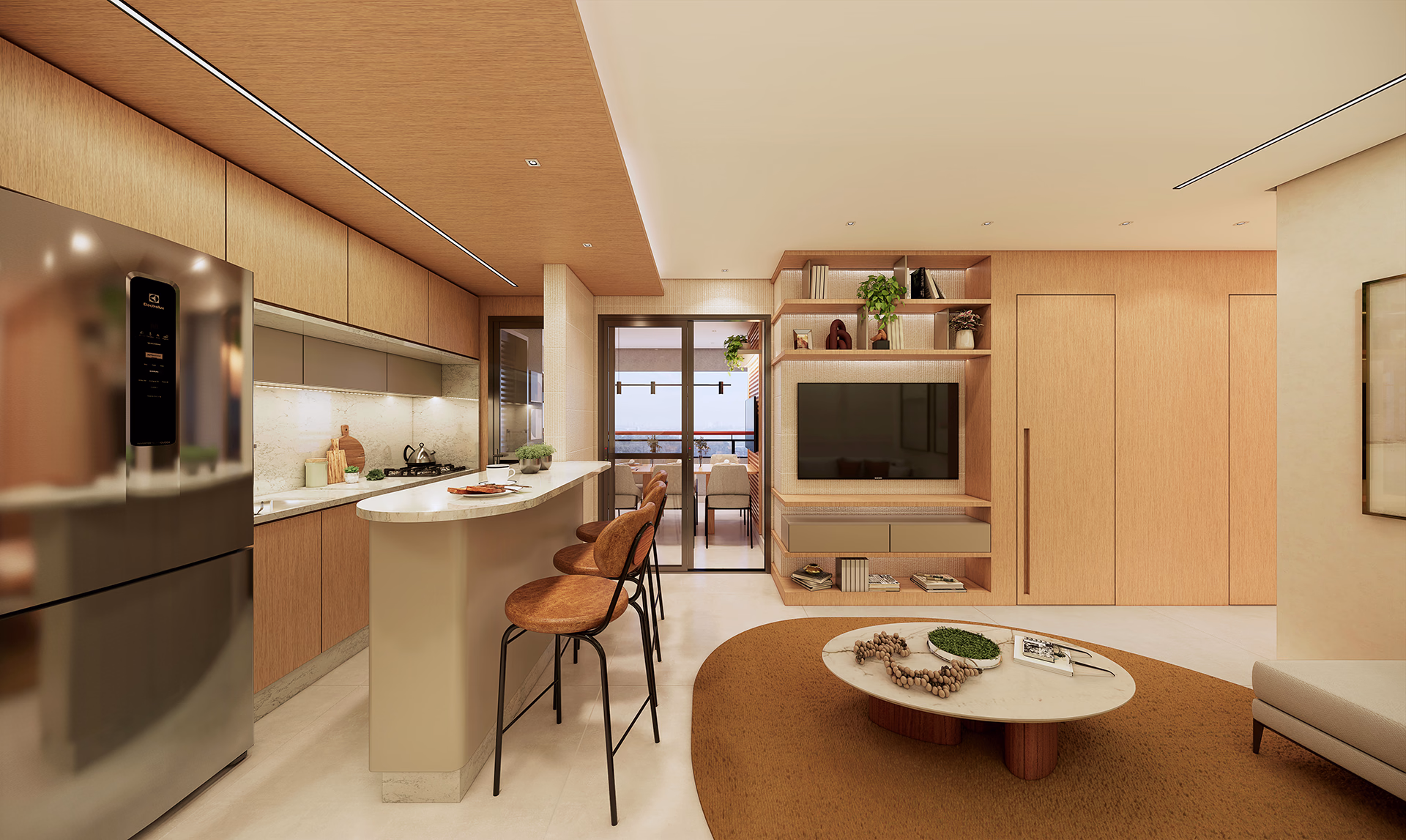 Perspectiva ilustrada do living do apto. de 74m²