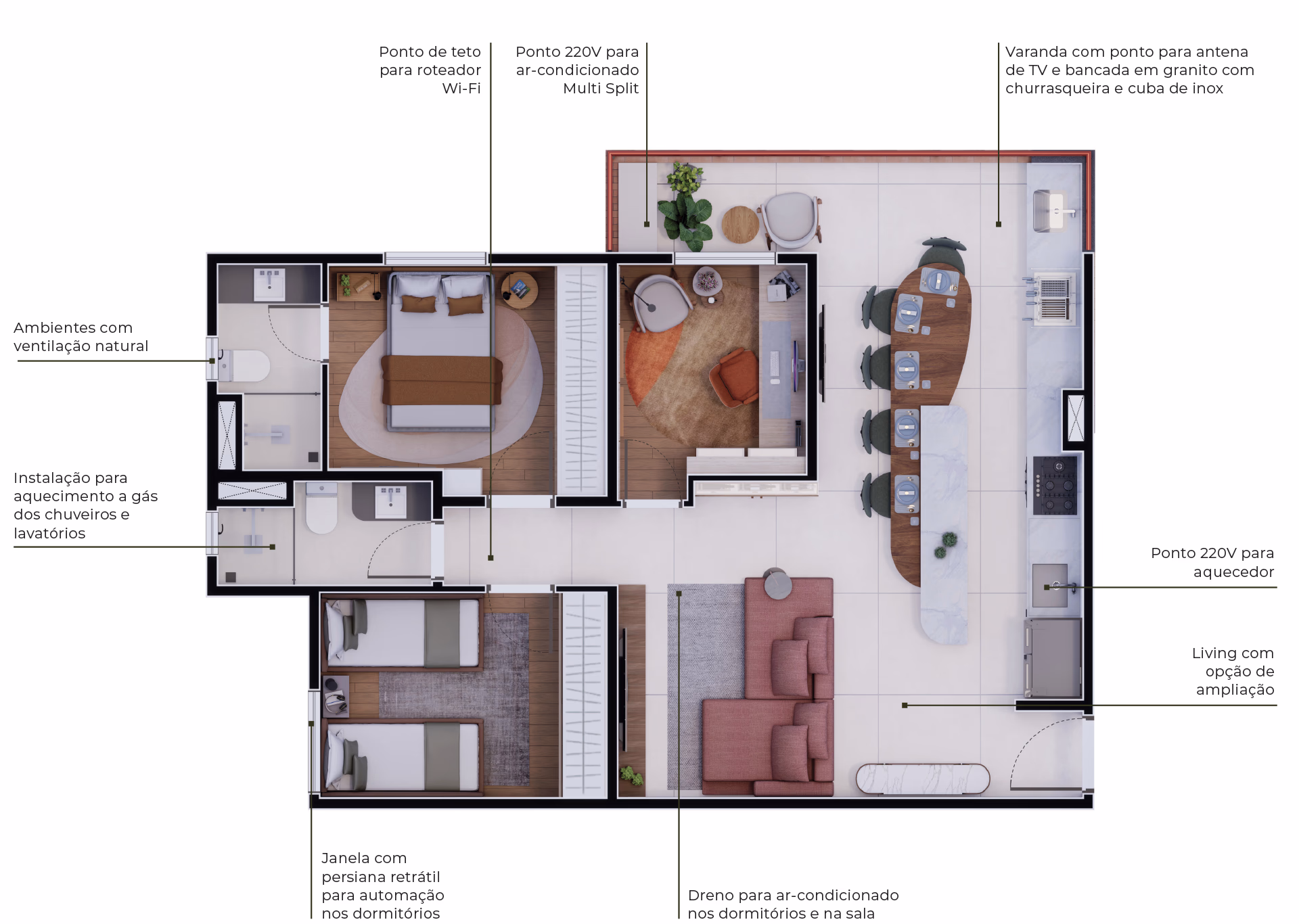 Planta ilustrada do apartamento de 71m²